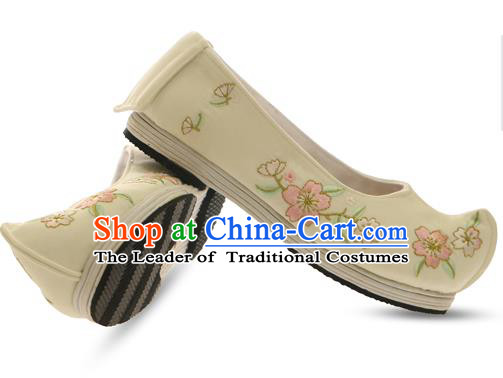 Chinese Ancient Peking Opera Young Lady Shoes, Traditional Chinese Beijing Opera Ancient Princess Hanfu Cloth Beige Shoes for Women