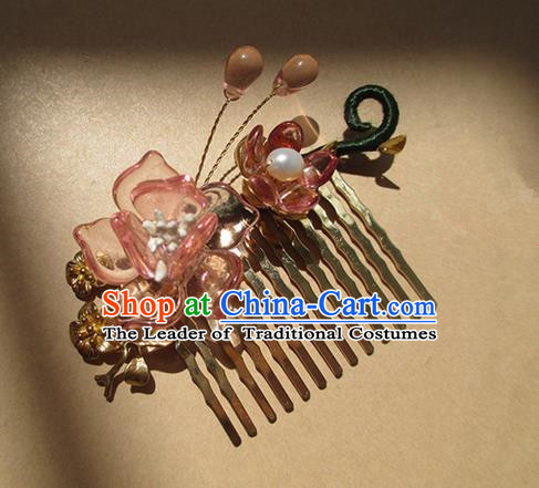 Chinese Ancient Handmade Jewelry Accessories Pink Flowers Hairpins, Traditional Chinese Ancient Hanfu Hair Stick Combs for Women