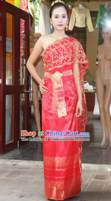 Traditional Thailand Ancient Handmade Costumes, Traditional Thai China Dai Nationality Bride Wedding Red Dress Clothing for Women
