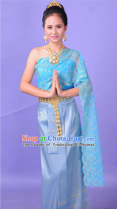 Traditional Thailand Ancient Handmade Princess Costumes, Traditional Thai China Dai Nationality Bride Wedding Blue Dress Clothing for Women