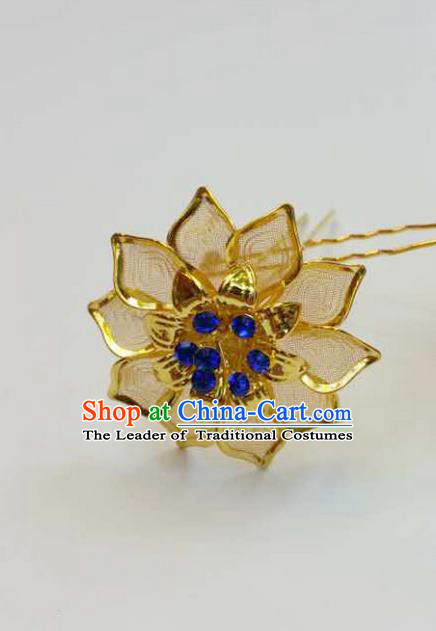 Traditional Thailand Ancient Handmade Hair Accessories Headpiece, Traditional Thai China Dai Nationality Blue Crystal Hairpins for Women