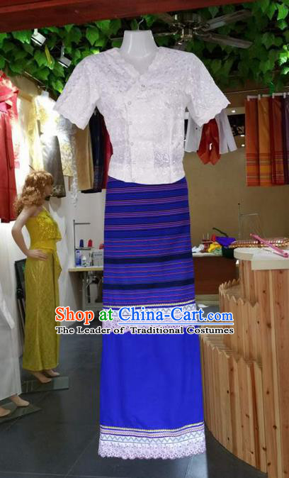 Traditional Thailand Ancient Handmade Costumes, Traditional Thai China Dai Nationality Blue Dress Clothing for Women