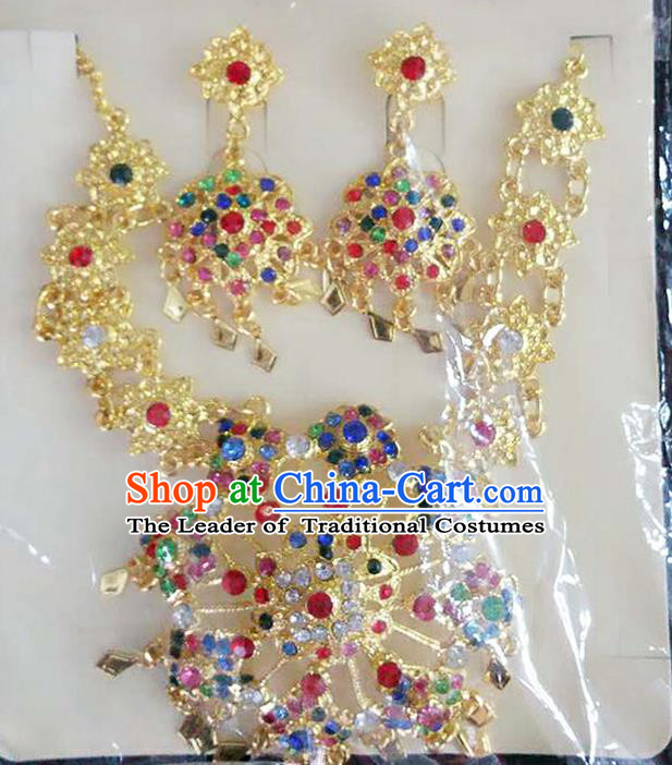 Traditional Thailand Ancient Handmade Accessories Necklace and Earrings, Traditional Thai China Dai Nationality Colorful Crystal Eardrop for Women