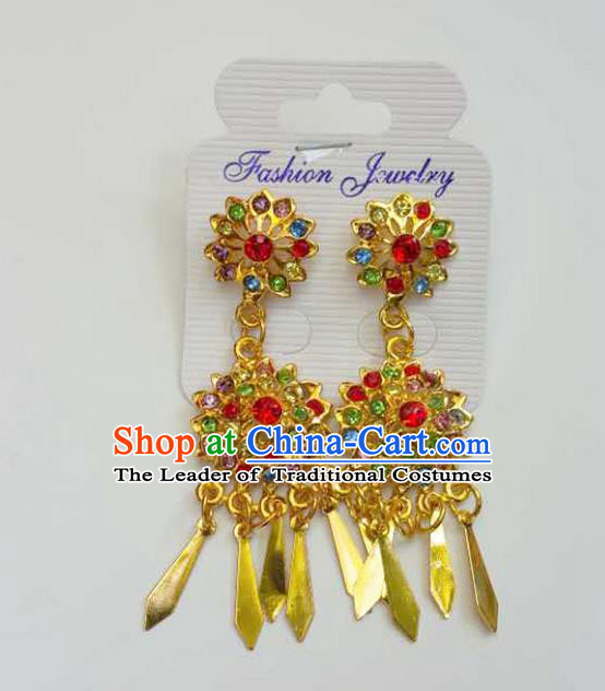 Traditional Thailand Ancient Handmade Accessories Earrings, Traditional Thai China Dai Nationality Tassel Colorful Crystal Eardrop for Women