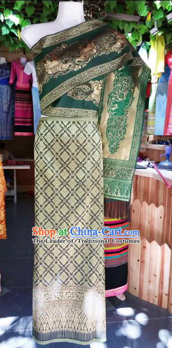 Traditional Thailand Ancient Handmade Young Lady Wedding Costumes, Traditional Thai China Dai Nationality Green Dress Clothing for Women