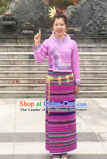 Traditional Thailand Ancient Handmade Young Lady Costumes and Headpiece, Traditional Thai China Dai Nationality Pink Dress Clothing for Women
