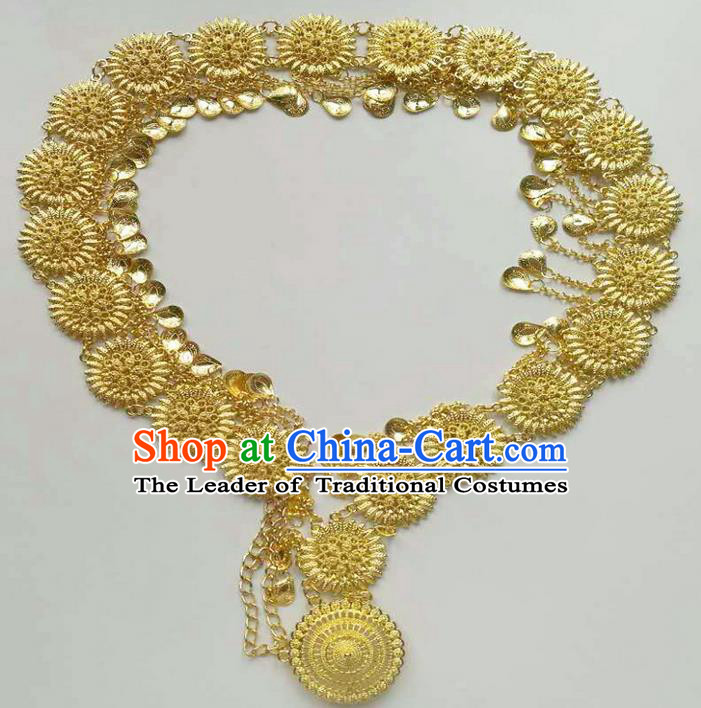 Traditional Thailand Ancient Handmade Golden Waist Accessories, Traditional Thai China Dai Nationality Belts Pendant for Women
