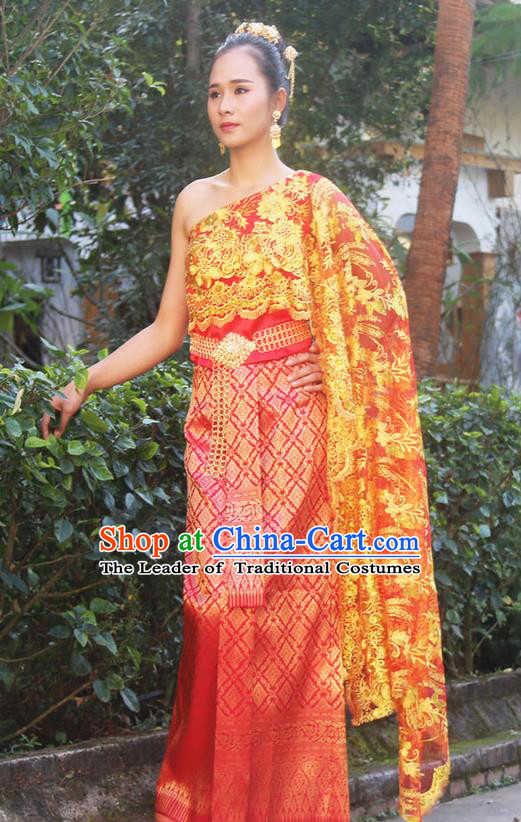 Traditional Thailand Ancient Handmade Female Princess Costumes, Traditional Thai China Dai Nationality Wedding Bride Red Dress Clothing for Women