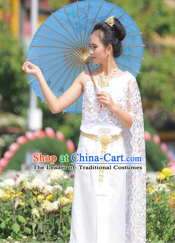 Traditional Thailand Ancient Handmade Female Princess Costumes, Traditional Thai China Dai Nationality Wedding White Lace Dress Clothing for Women
