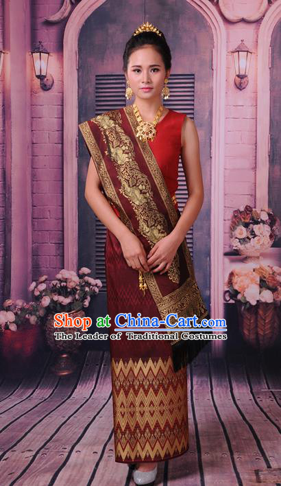 Traditional Thailand Ancient Handmade Female Costumes, Traditional Thai Princess China Dai Nationality Wedding Red Dress Clothing for Women