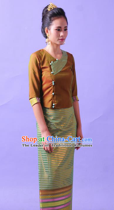 Traditional Thailand Ancient Handmade Female Costumes, Traditional Thai Lady China Dai Nationality Green Dress Clothing for Women