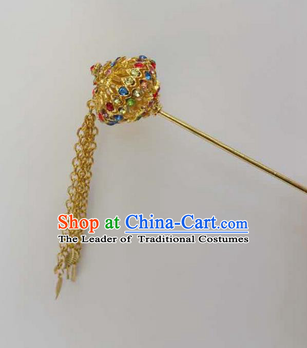 Traditional Thailand Ancient Handmade Hair Jewelry Accessories, Traditional Thai China Dai Nationality Golden Hairpins Colorful Crystal Hair Stick for Women