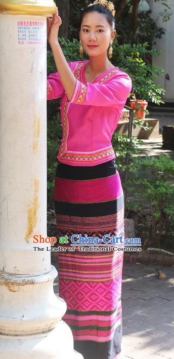 Traditional Thailand Ancient Handmade Female Costumes, Traditional Thai Uniform China Dai Nationality Dark Rosy Dress Clothing for Women