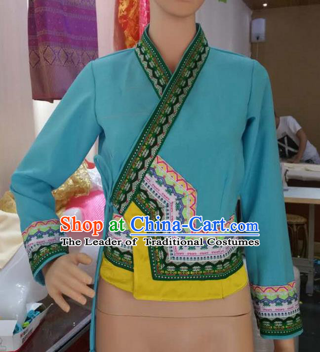 Traditional Thailand Ancient Handmade Female Costumes Upper Outer Garment, Traditional Thai Clothing China Dai Nationality Blue Blouse for Women