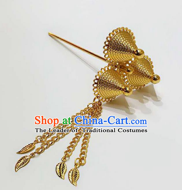Traditional Thailand Ancient Handmade Golden Hair Accessories, Traditional Thai China Dai Nationality Hairpins Hair Stick Headpiece for Women