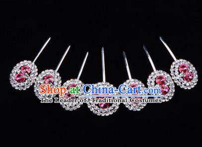 Chinese Ancient Peking Opera Head Accessories Young Lady Diva Crystal Pink Hairpins Complete Set, Traditional Chinese Beijing Opera Hua Tan Hair Clasp Head-ornaments