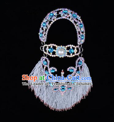 Chinese Ancient Peking Opera Head Accessories Young Lady Diva Blue Pearl Hairpins Back Temples Curtain, Traditional Chinese Beijing Opera Hua Tan Hair Clasp Head-ornaments