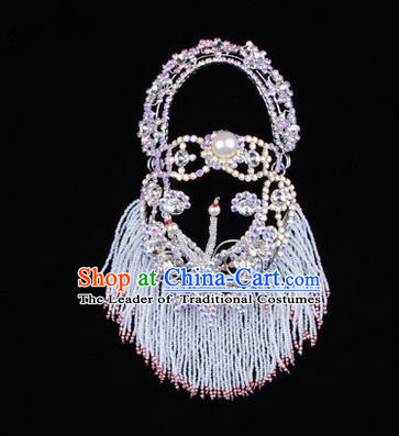 Chinese Ancient Peking Opera Head Accessories Young Lady Diva White Pearl Hairpins Back Temples Curtain, Traditional Chinese Beijing Opera Hua Tan Hair Clasp Head-ornaments