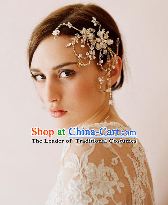 Top Grade Handmade Wedding Bride Hair Accessories Forehead Ornament, Traditional Princess Baroque Hair Stick Headpiece for Women