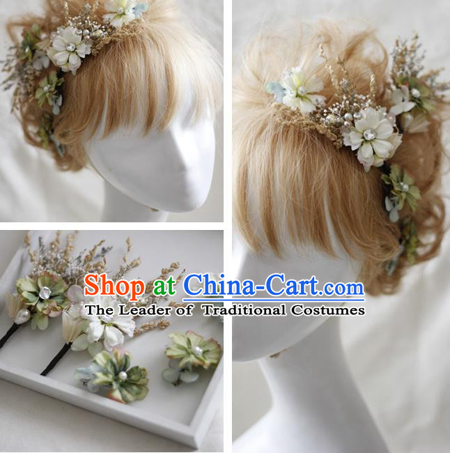 Top Grade Handmade Wedding Bride Hair Accessories White Flowers Headwear Complete Set, Traditional Princess Baroque Headpiece for Women