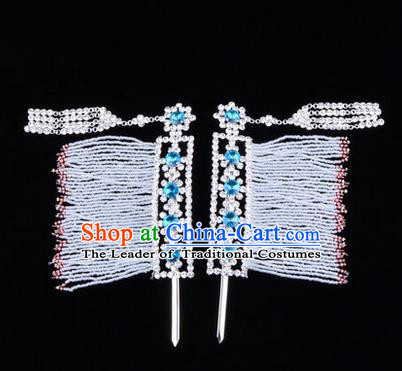 Chinese Ancient Peking Opera Head Accessories Young Lady Diva Blue Crystal Hairpins Temples Curtain, Traditional Chinese Beijing Opera Hua Tan Hair Clasp Head-ornaments