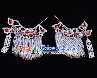 Chinese Ancient Peking Opera Head Accessories Diva Red Crystal Tassel Hairpins Temples Curtain, Traditional Chinese Beijing Opera Princess Hua Tan Hair Clasp Head-ornaments