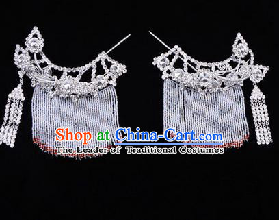 Chinese Ancient Peking Opera Head Accessories Diva White Crystal Tassel Hairpins Temples Curtain, Traditional Chinese Beijing Opera Princess Hua Tan Hair Clasp Head-ornaments