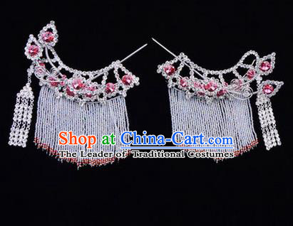 Chinese Ancient Peking Opera Head Accessories Diva Pink Crystal Tassel Hairpins Temples Curtain, Traditional Chinese Beijing Opera Princess Hua Tan Hair Clasp Head-ornaments