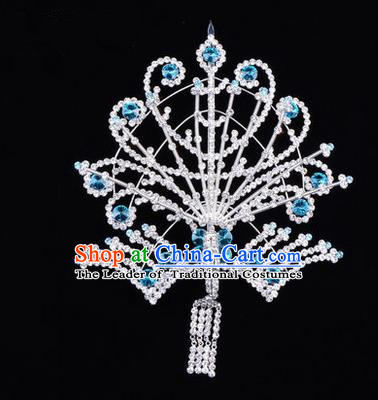 Chinese Ancient Peking Opera Head Accessories Diva Blue Tassel Crystal Phoenix Hairpins Step Shake, Traditional Chinese Beijing Opera Princess Hua Tan Hair Clasp Head-ornaments