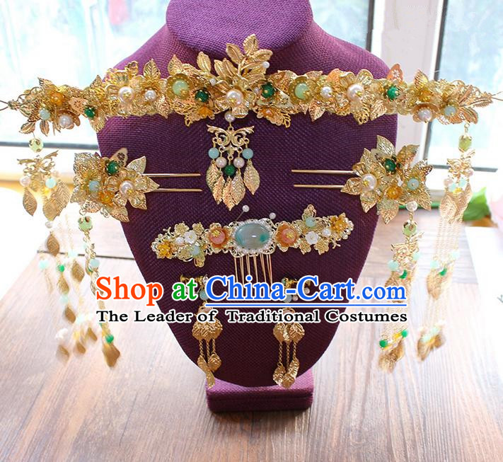 Top Grade Chinese Handmade Wedding Hair Accessories, Traditional China Xiuhe Suit Phoenix Coronet Bride Headwear Hairpins Complete Set for Women