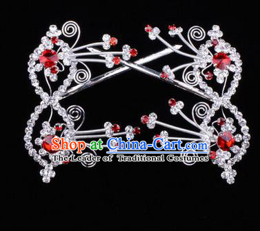 Chinese Ancient Peking Opera Head Accessories Diva Red Crystal Bowknot Hairpins, Traditional Chinese Beijing Opera Princess Hua Tan Hair Clasp Head-ornaments