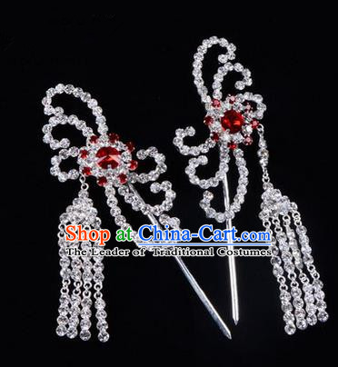 Chinese Ancient Peking Opera Head Accessories Diva Red Crystal Hairpins Tassel Step Shake, Traditional Chinese Beijing Opera Princess Hua Tan Hair Clasp Head-ornaments