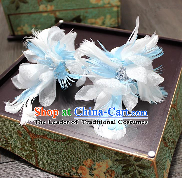 Top Grade Handmade Wedding Bride Hair Accessories Hairpins, Traditional Baroque Queen Blue Feather Hair Stick Wedding Headpiece for Women