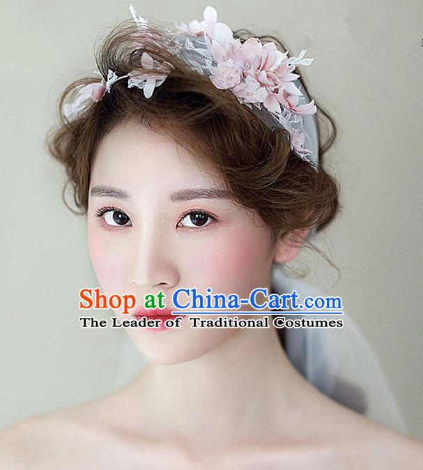 Top Grade Handmade Wedding Bride Hair Accessories Pink Flowers Hair Band, Traditional Princess Wedding Headwear for Women