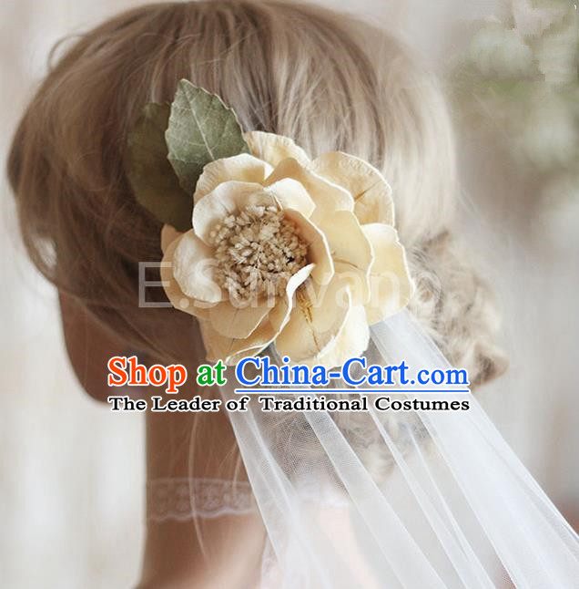 Top Grade Handmade Wedding Bride Hair Accessories Rose Hairpin, Traditional Princess Wedding Headwear Veil for Women