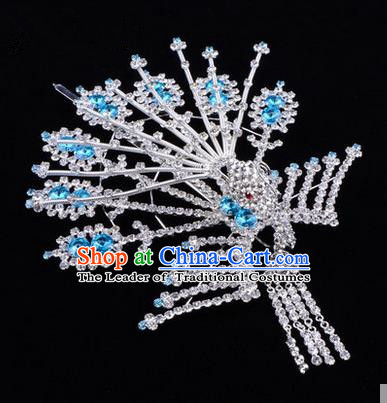 Chinese Ancient Peking Opera Head Accessories Diva Crystal Phoenix Hairpins Blue Tassel Step Shake, Traditional Chinese Beijing Opera Princess Hua Tan Hair Clasp Head-ornaments