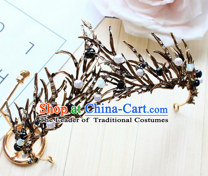 Top Grade Handmade Wedding Bride Hair Accessories Black Crown, Traditional Baroque Queen Pearl Royal Crown Wedding Headpiece for Women