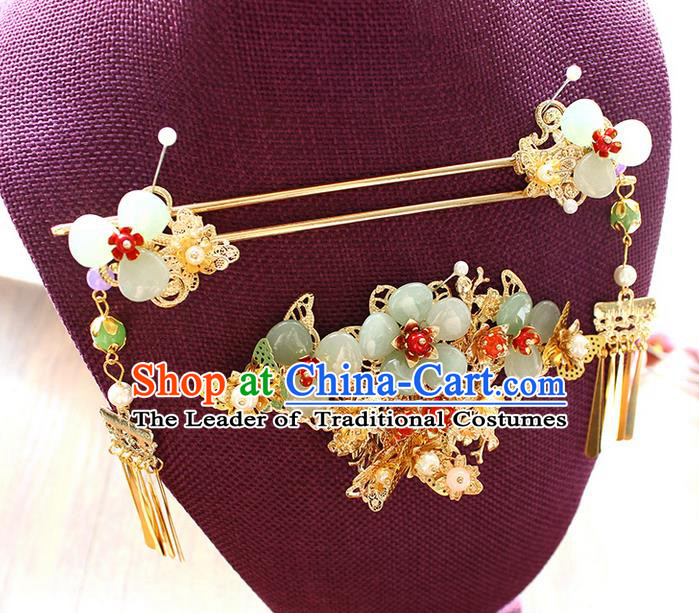 Top Grade Chinese Handmade Wedding Jade Hair Accessories Complete Set, Traditional China Xiuhe Suit Phoenix Coronet Bride Hanfu Tassel Hairpins Headwear for Women