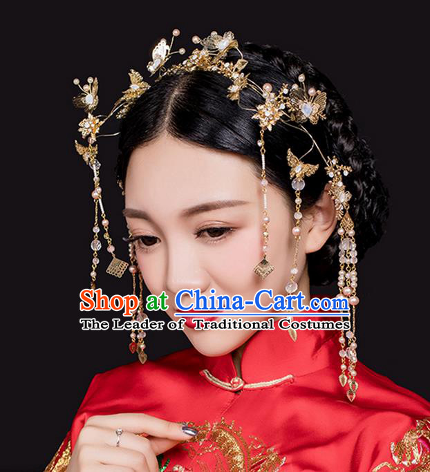 Top Grade Chinese Handmade Wedding Hair Accessories Complete Set, Traditional China Xiuhe Suit Bride Hair Clasp Hanfu Tassel Hairpins Headwear for Women