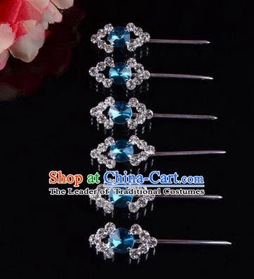 Chinese Ancient Peking Opera Head Accessories Diva Blue Crystal Hairpins Rhombus Step Shake, Traditional Chinese Beijing Opera Princess Hua Tan Hair Clasp Head-ornaments