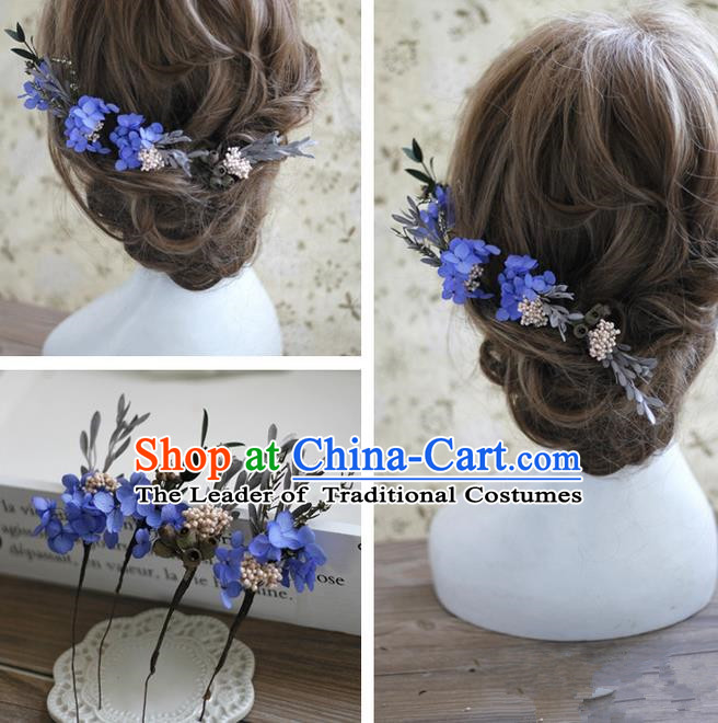 Top Grade Handmade Wedding Bride Hair Accessories Blue Flowers Hairpin Complete Set, Traditional Princess Baroque Headpiece for Women