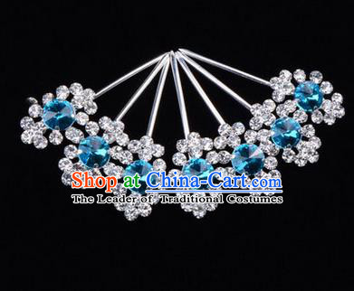 Chinese Ancient Peking Opera Head Accessories Diva Blue Crystal Hairpins Step Shake, Traditional Chinese Beijing Opera Princess Hua Tan Hair Clasp Head-ornaments