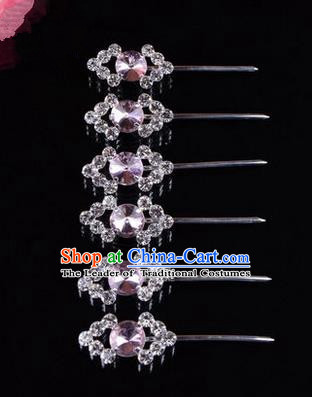 Chinese Ancient Peking Opera Head Accessories Diva Pink Crystal Hairpins Step Shake, Traditional Chinese Beijing Opera Princess Hua Tan Hair Clasp Head-ornaments