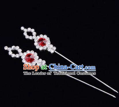 Chinese Ancient Peking Opera Head Accessories Diva Red Crystal Hairpins, Traditional Chinese Beijing Opera Princess Hua Tan Hair Clasp Head-ornaments GuDuo Needle