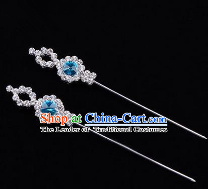 Chinese Ancient Peking Opera Head Accessories Diva Blue Crystal Hairpins, Traditional Chinese Beijing Opera Princess Hua Tan Hair Clasp Head-ornaments GuDuo Needle