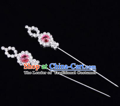 Chinese Ancient Peking Opera Head Accessories Diva Pink Crystal Hairpins, Traditional Chinese Beijing Opera Princess Hua Tan Hair Clasp Head-ornaments GuDuo Needle