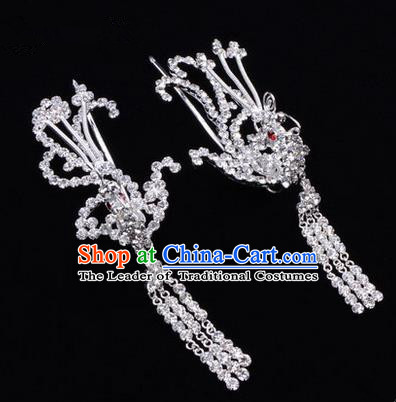 Chinese Ancient Peking Opera Head Accessories Diva Colorful Crystal White Phoenix Tassel Hairpins, Traditional Chinese Beijing Opera Princess Hua Tan Hair Clasp Head-ornaments