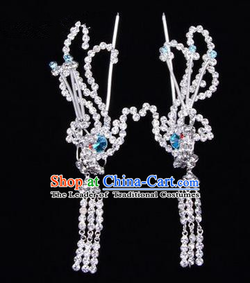 Chinese Ancient Peking Opera Head Accessories Diva Colorful Crystal Blue Phoenix Tassel Hairpins, Traditional Chinese Beijing Opera Princess Hua Tan Hair Clasp Head-ornaments