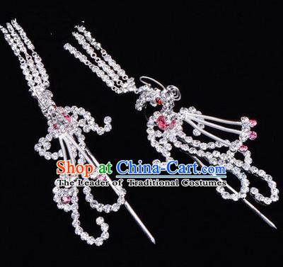 Chinese Ancient Peking Opera Head Accessories Diva Colorful Crystal Pink Phoenix Tassel Hairpins, Traditional Chinese Beijing Opera Princess Hua Tan Hair Clasp Head-ornaments