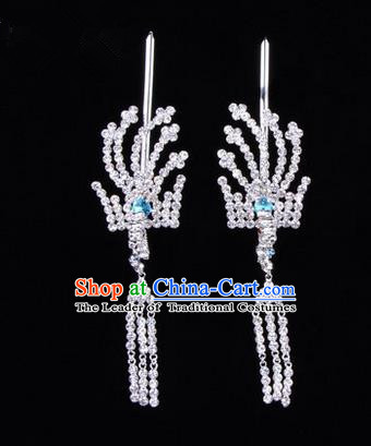 Chinese Ancient Peking Opera Head Accessories Diva Crystal Blue Tassel Hairpins, Traditional Chinese Beijing Opera Princess Hua Tan Hair Clasp Head-ornaments